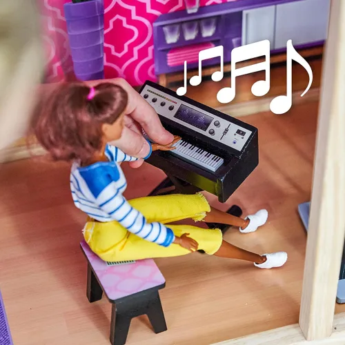 Vista 5 de KidKraft Casa de ciudad para muñecas con muebles para niñas Over 3 Feet Tall Pink Mansion Doll House, Working Elevator, Rooftop Patio, For Dolls
