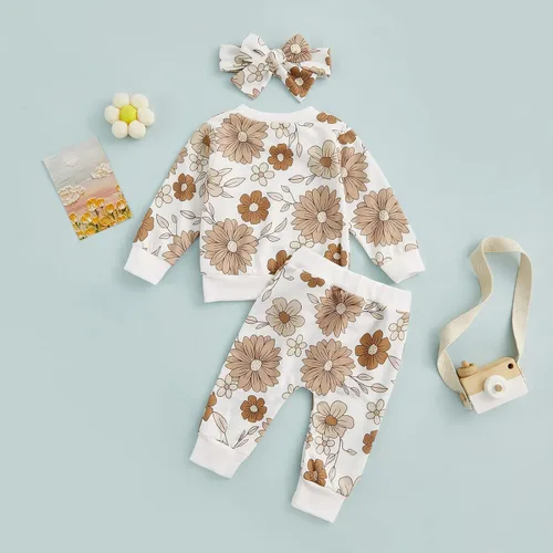 Vista 7 de Conjunto de 3 piezas para bebé, sudadera con margaritas + pantalones + diadema para bebé, ropa de otoño e invierno