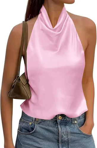Vista 13 de Cicy Bell Camiseta de satén con cuello halter para mujer, sin espalda, Y2K Amarillo