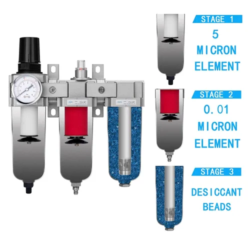 Vista 5 de NANPU 1/2" NPT Sistema de secado de aire de grado industrial de 3 etapas - Filtro de partículas, filtro coalescente, secador desecante y regulador