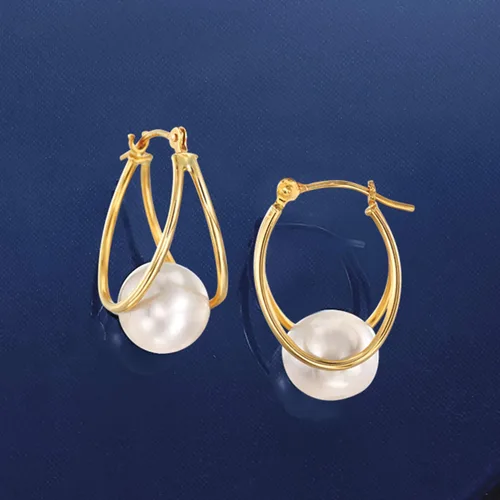 Vista 7 de Ross-Simons 8-9mm Cultured Pearl Double-Hoop Earrings in 14kt Yellow Gold. 34