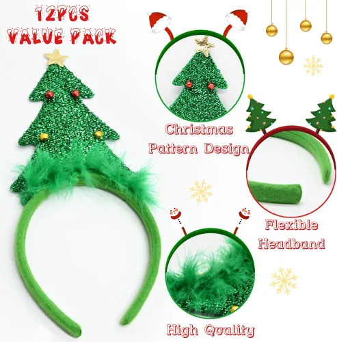 Vista 3 de DINESIL Paquete de 12 diademas de Navidad, lindos toppers de Navidad, árbol de Navidad, reno, muñeco de nieve, para mujeres, hombres, niños, cabina