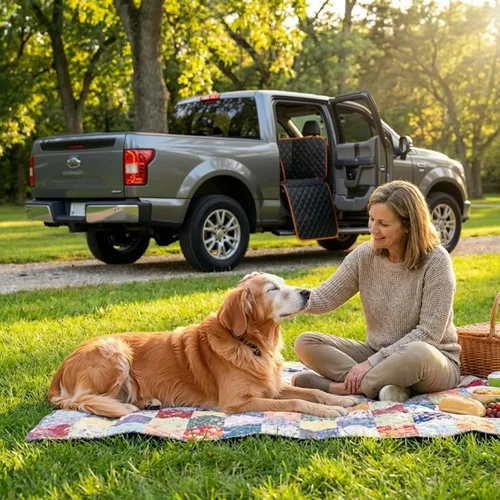 Vista 7 de Funda de asiento para perros con asientos traseros abatibles, hamaca de suelo de cobertura completa para perros grandes, protector Oxford de nailon