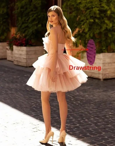 Vista 2 de Vestidos de fiesta sin tirantes para adolescentes con niveles de tul hinchado corto vestido de fiesta con volantes