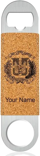 Vista 6 de LaserGram Abrebotellas, escudo de armas República Dominicana, grabado personalizado incluido (cuero sintético, negro y dorado)