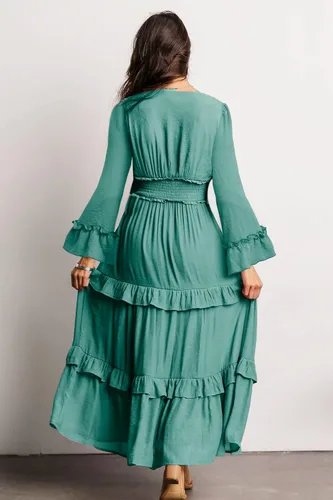 Vista 3 de Amegoya Vestido largo bohemio de manga larga con cuello en V para mujer, vestido largo de compromiso para invitadas de boda