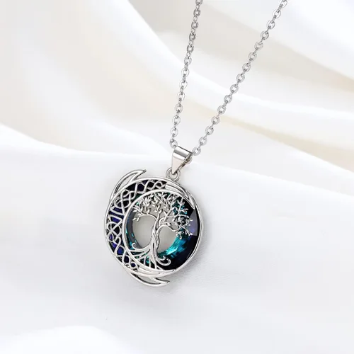 Vista 7 de Kattepote Moon Tree of Life Necklace S925 Sterling Silver Crystal Tree of Life Pendant Necklace Celtic Knot Full Moon Tree of Life Women's Jewellery
