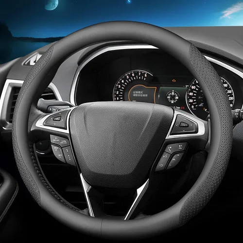 Vista 2 de HAOTULE Funda de cuero de napa delgada y elegante para volante de Ford, accesorios para modificación interior, color negro