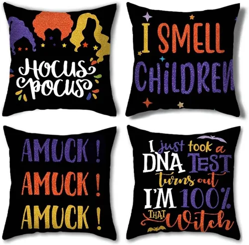 Vista 6 de MOJUN Juego de 4 fundas de almohada de Halloween de 18 x 18 pulgadas, fundas de almohada decorativas para sofá, sillón, casa rural, fiesta de Fundas