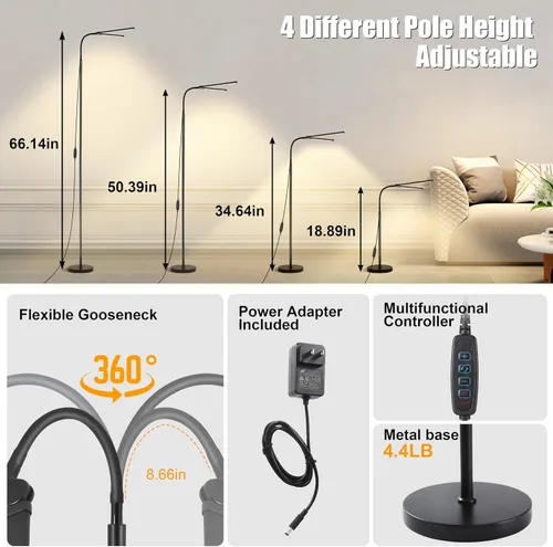 Vista 5 de Lámpara de pie LED, lámparas de pie brillantes de 18W para sala de estar, 3 modos de color 10 niveles de brillo, cuello de cisne flexible ajustable