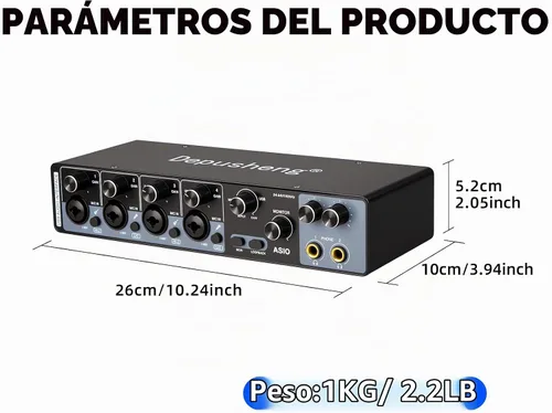 Vista 2 de Depusheng Interfaz de audio USB con controladores ASIO, 24 bits 192 Khz, alimentación fantasma +48 V, baja latencia para grabación de estudio