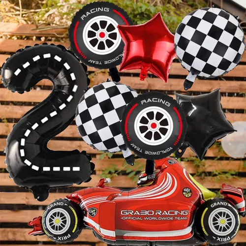 Vista 5 de Dos globos para decoración de fiesta de cumpleaños de autos de carreras rápidas, globos rojos y decoración de tartas, estrellas a cuadros negros