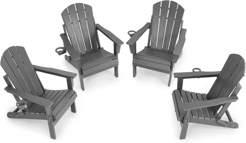 Vista 10 de Silla Adirondack plegable de HDPE, silla de patio al aire libre con soporte para tazas, silla de césped de grano de madera resistente a