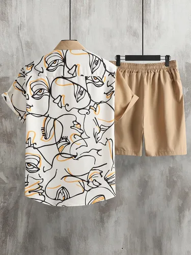 Vista 2 de GORGLITTER Conjunto de 2 piezas para hombre camisa con botones y pantalones cortos ropa de verano