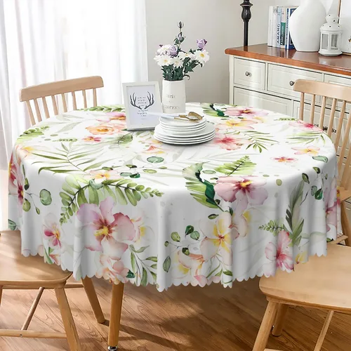 Vista 19 de Mantel redondo floral rústico de 48 pulgadas, con estampado botánico de flores en acuarela verde, azul y gris, a prueba de derrames y aceite, tela