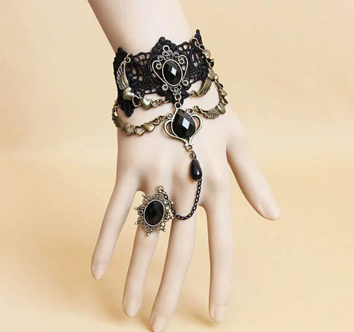 Vista 3 de Gargantilla negra de encaje con pulsera, estilo punk, gótico, vintage, hecha a mano, estilo 2, Piedra