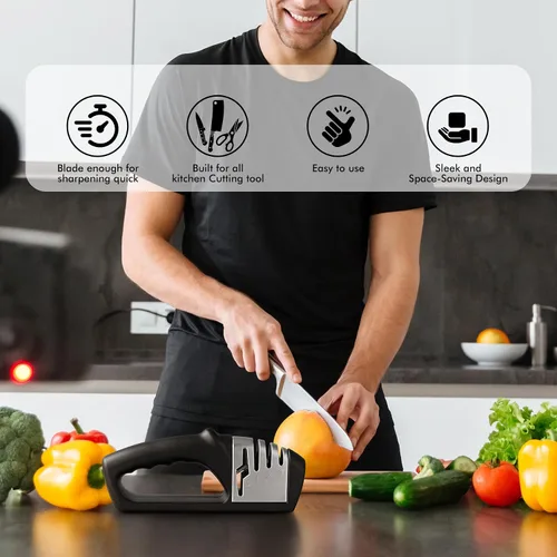 Vista 4 de HOTEC Afilador de cuchillos 4 en 1, afilador manual de 3 etapas para afilar cuchillos de cocina, 1 etapa para tijeras, piedra de cerámica, placas