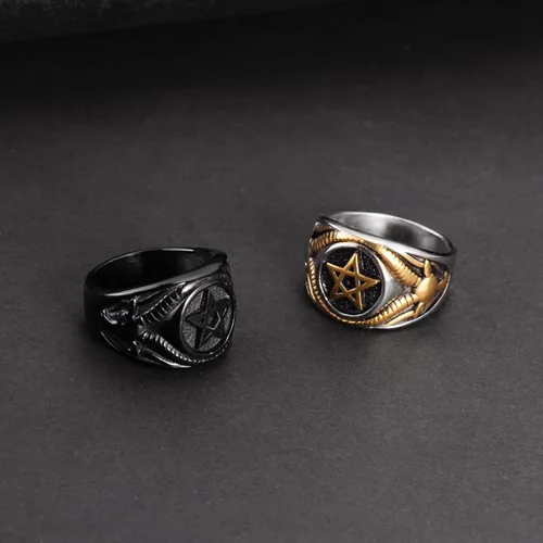 Vista 6 de Anillo de calavera para hombre, acero inoxidable, pentagrama, Wicca, gótico, bautismo, talla 7-13