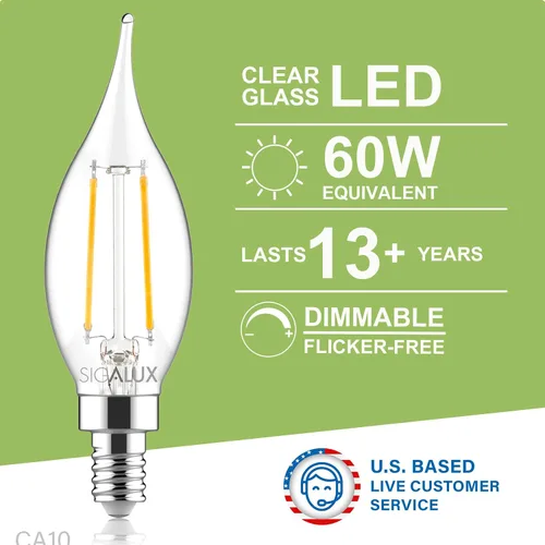 Vista 2 de Bombillas LED E12 para candelabro, regulables, equivalentes a 60 W, 4.5 W, blanco suave, 2700 K, 500 lúmenes, punta de llama CA10, bombilla