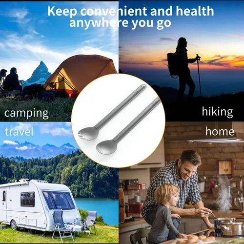 Vista 5 de OUTXE Spork y Cuchara de Mango Largo de Titanio, Juego de Camping de 8.7 Pulgadas