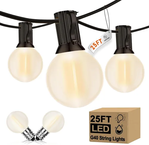 Vista 13 de Guirnalda de luces LED G40 para exteriores de 25 pies, luces de Navidad con forma de globo esmerilado con 27 (2 de repuesto) bombillas redondas