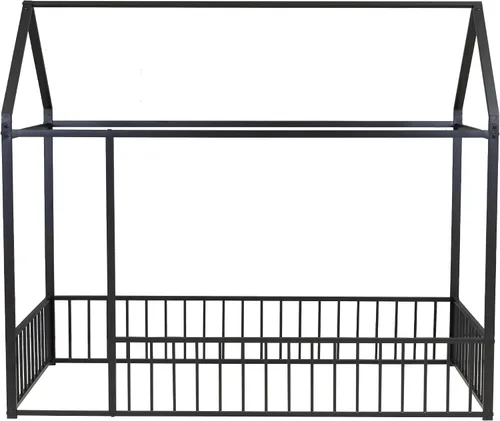 Vista 4 de HAUSHECK Montessori Cama para niños pequeños, cama de piso tamaño individual para niños y niñas, camas Montessori con rieles y techo, marco de cama