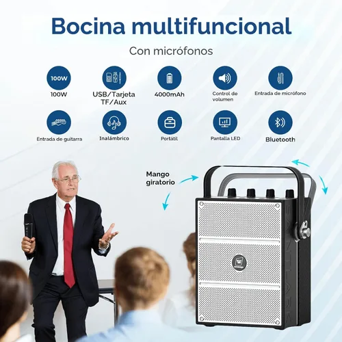 Vista 3 de Amplificador de voz potente de 100 W con 2 micrófonos inalámbricos S99 Big Pro Sound Portable Speaker with Microphone, Bluetooth Speaker PA System