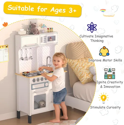 Vista 5 de Juego de cocina, cocina de madera para niños pequeños con grifo, fregadero, máquina de hielo, juguetes de cocina, alturas ajustables, estufa, cocina
