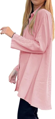 Vista 2 de Aoysky Camisetas de gran tamaño para mujer, con botones, manga larga, cuello en V, blusa holgada y fluida