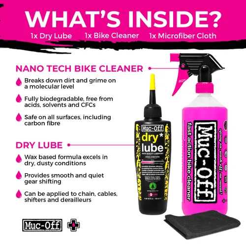 Vista 2 de Muc-Off Nano Tech - Limpiador de bicicletas de 1 litro y lubricante de cadena Bio Dry de 120 ml en paquete con toalla de microfibra Kit