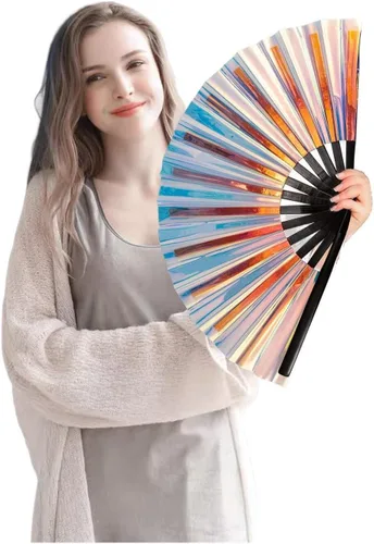 Vista 6 de Ventilador de mano plegable grande para hombres y mujeres, ventilador holográfico para mujeres, fiesta de baile, festivales, Halloween, EDM