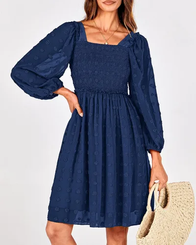 Vista 7 de BTFBM Vestidos fruncidos con cuello cuadrado para mujer, verano, otoño, manga larga, floral, lunares suizos, volantes, mini vestido bohemio