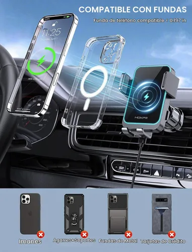 Vista 2 de Cargador de Coche Inalámbrico, MOKPR Carga Rápida de 15W con Abrazadera Automática para Ranura de Ventilación Soporte de Teléfono para Coche con Luz