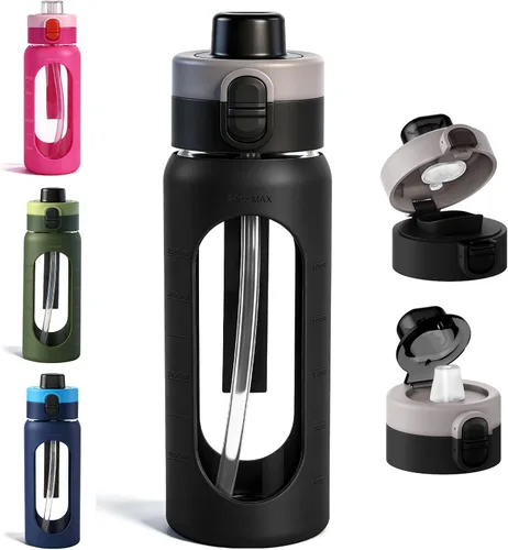 Vista 8 de ANOTION Botella de agua de vidrio de 24 onzas con popote y funda de Negro