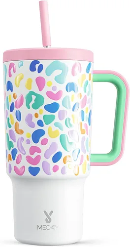 Vista 15 de Meoky - Vaso de 30 oz con asa, tapa y pajilla, taza de viaje térmica de acero inoxidable 100% a prueba de fugas, para portavasos, mantiene el frío