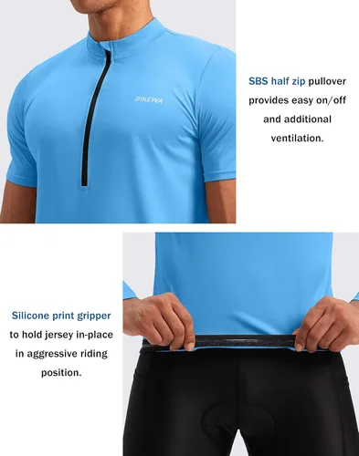 Vista 4 de Bikewa Maillot de ciclismo para hombre que absorbe la humedad, manga corta, UPF media cremallera, ciclismo, ciclismo de carretera, camisas