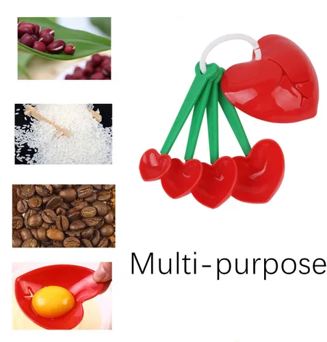 Vista 7 de Cucharas medidoras de cereza, 2 cucharaditas medidoras de plástico con forma de corazón, juego de cucharas medidoras de plástico para líquidos