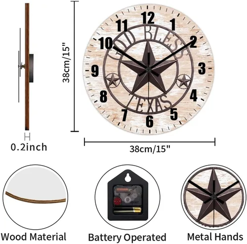 Vista 2 de Reloj de pared antiguo con estrella del oeste de Texas vintage, reloj de madera sin tictac, silencioso, funciona con pilas, fácil de leer, elegante