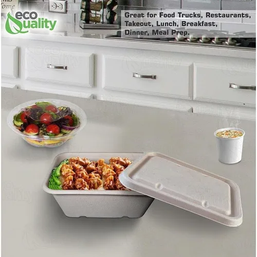 Vista 8 de EcoQuality Cuencos desechables de 34 onzas con tapas de fibra, cuencos rectangulares de papel biodegradable de fibra de caña de azúcar compostable