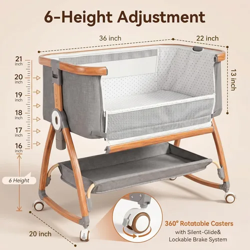 Vista 5 de Bedside Bassinet, Baby Rocking Crib with Adjustable Height, Grey