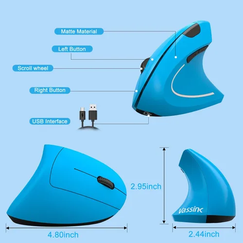 Vista 7 de Vassink Mouse ergonómico, mouse inalámbrico recargable, mouse óptico vertical recargable de 2.4 GHz con receptor USB, 6 botones, 80012001600 DPI