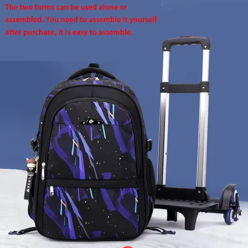 Vista 7 de CUSALBOY Bolsas escolares de tela Oxford para niños, mochila de viaje con seis ruedas y patrón de dinosaurio, Azul 1, Mochila con ruedas