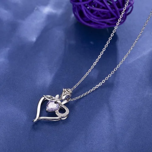 Vista 3 de Collar de corazón con piedra natal para mujer, plata de ley 925, collar con colgante de flor de rosa, collar para madre e hija para mamá, mujer