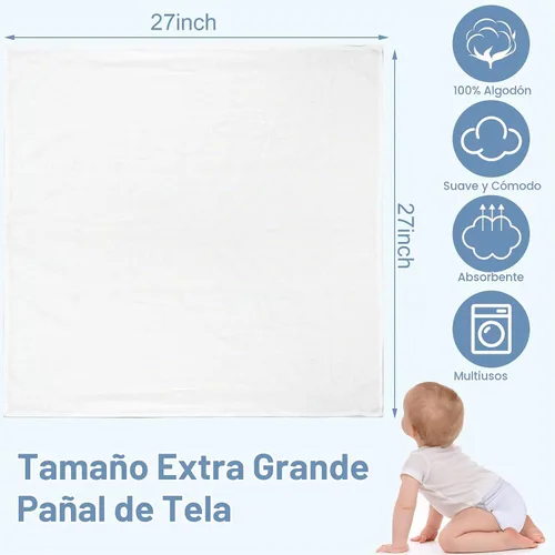 Vista 2 de 50 pañales de tela reutilizables para bebés, pañales reutilizables para bebés, grandes, 27 x 27 pulgadas, de algodón, reutilizables, para bebés