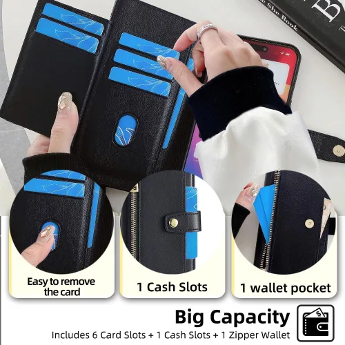 Vista 2 de Funda compatible con Huawei Nova 2S Cartera con cremallera 【Ranura para 6 tarjetas】【Soporte abatible】【Cierre magnético】 【Funda para teléfono】Cordón
