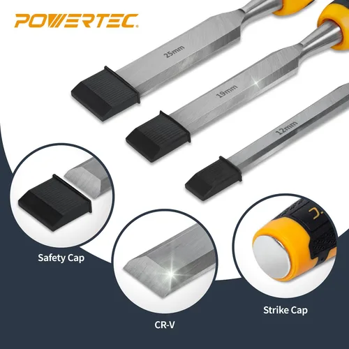 Vista 3 de Juego de cinceles de madera POWERTEC de 3 piezas - Cinceles de banco de borde biselado de 1", 3/4" y 1/2" con tapa de golpe, hojas de acero al cromo