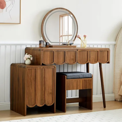 Vista 10 de Escritorio de tocador con espejo y luces, juego de escritorio de tocador moderno de panel de madera ondulada, mesa de maquillaje con cajones