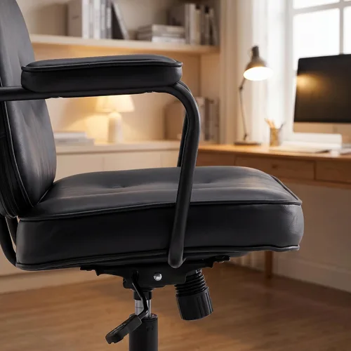 Vista 6 de LukeAlon Silla de escritorio ajustable de piel sintética, silla giratoria de 360° negra con reposabrazos, asiento grueso, botones y ruedas