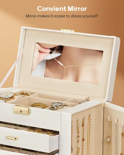 Vista 7 de Homde Joyero enorme de cuero sintético con espejo, organizador de relojes, collar, anillo y aretes, estuche de regalo con cerradura (blanco + dorado)