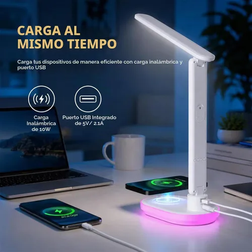 Vista 5 de Lámpara de escritorio LED con cargador inalámbrico, reloj, lámpara de mesa